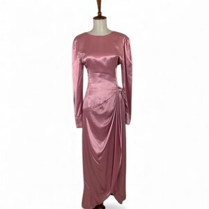 Vintage Satin Dress Long Sleeve Crew Neck Gathered Midi Sheath